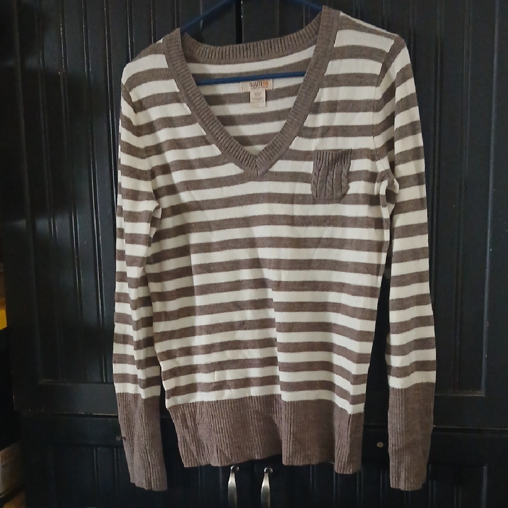Route 66 Brown and Cream Striped V-Neck Sweater